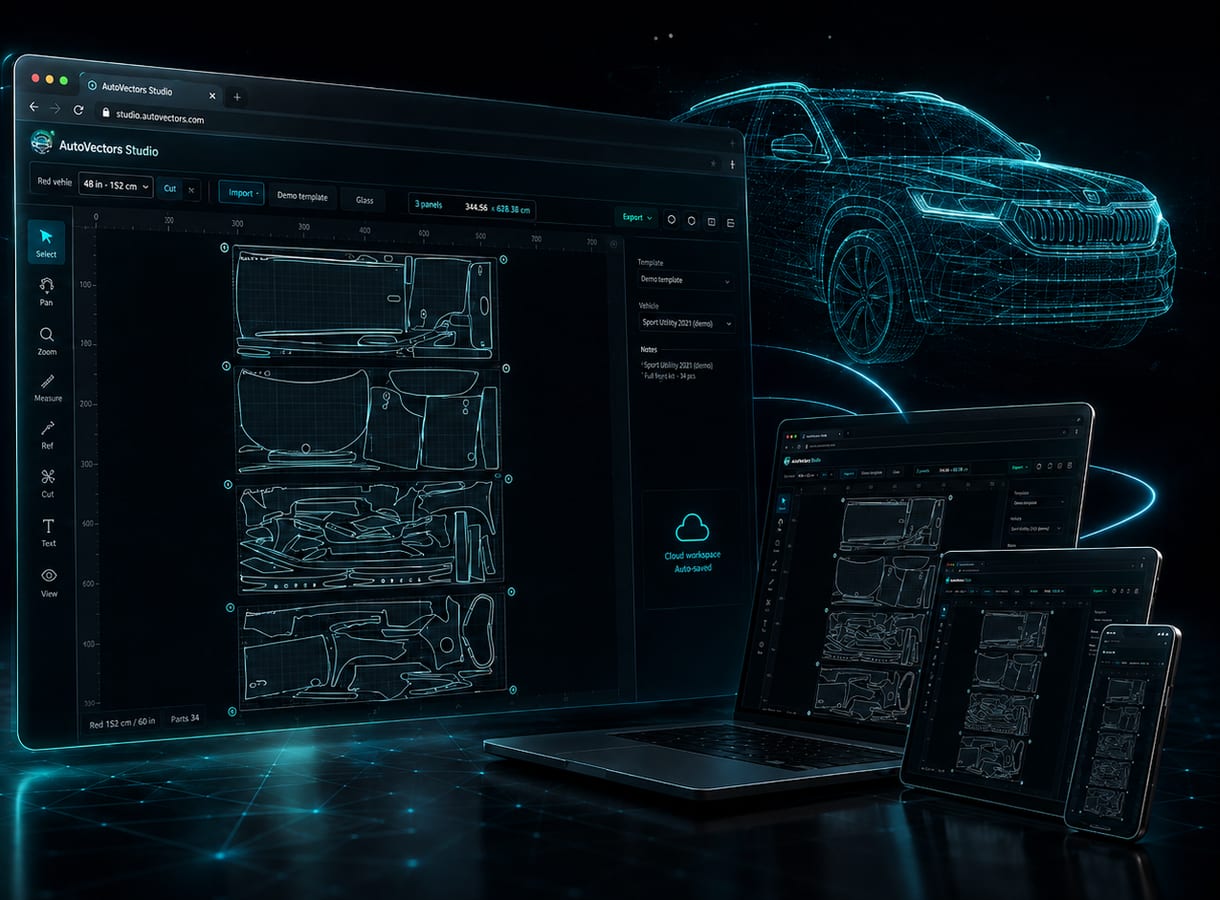 AutoVectors Studio open in a browser: a full vehicle PPF kit laid out on four worksheets, with a laptop, tablet and phone showing the same layout