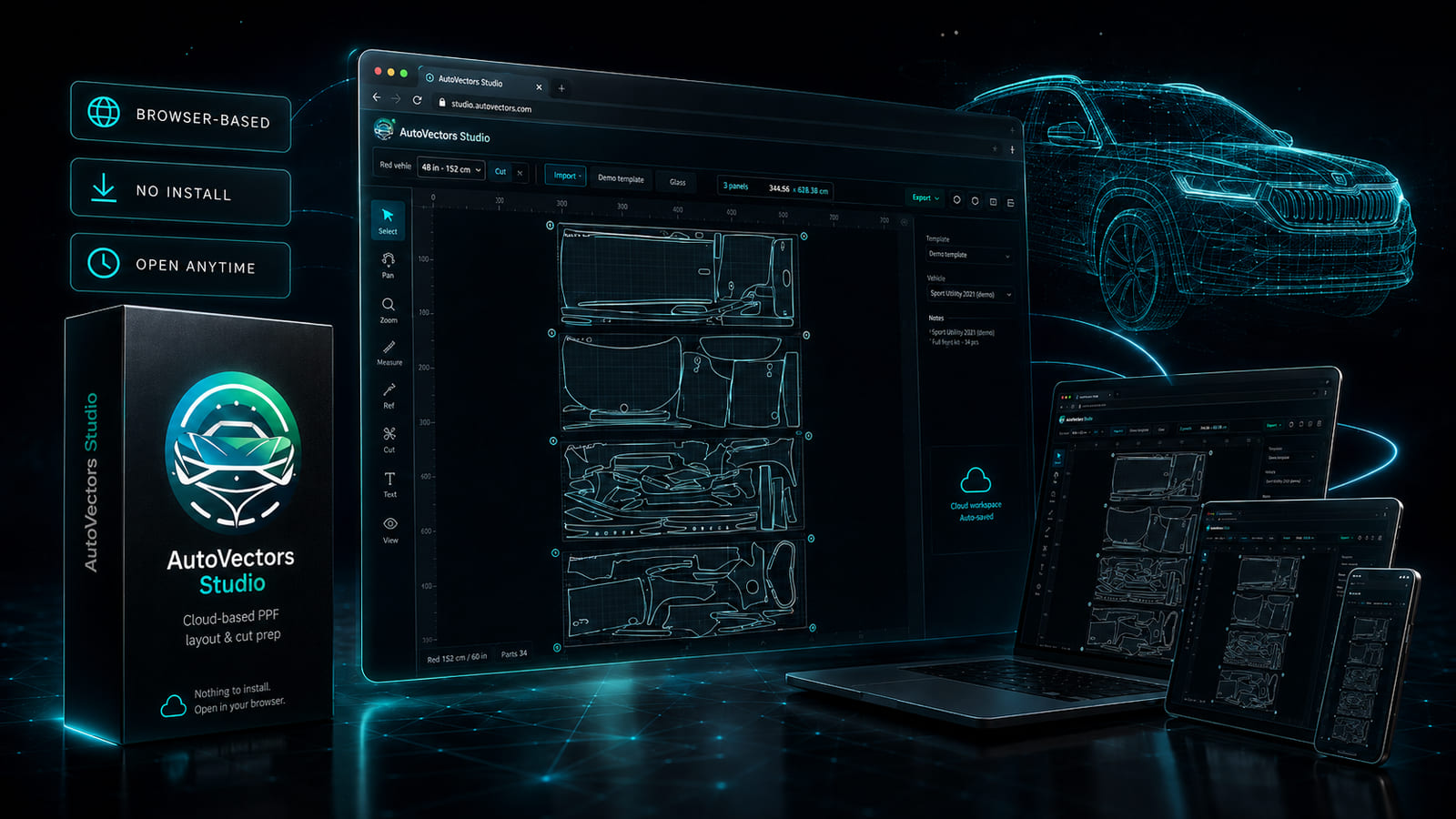 AutoVectors Studio open in a browser: a full vehicle PPF kit laid out on four worksheets, with a laptop, tablet and phone showing the same layout