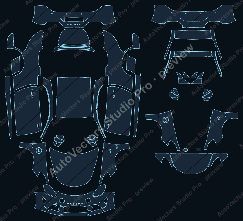 Alpine A110 AEF S Facelift 2022 coupe precut PPF pattern – watermarked preview from the cutting software