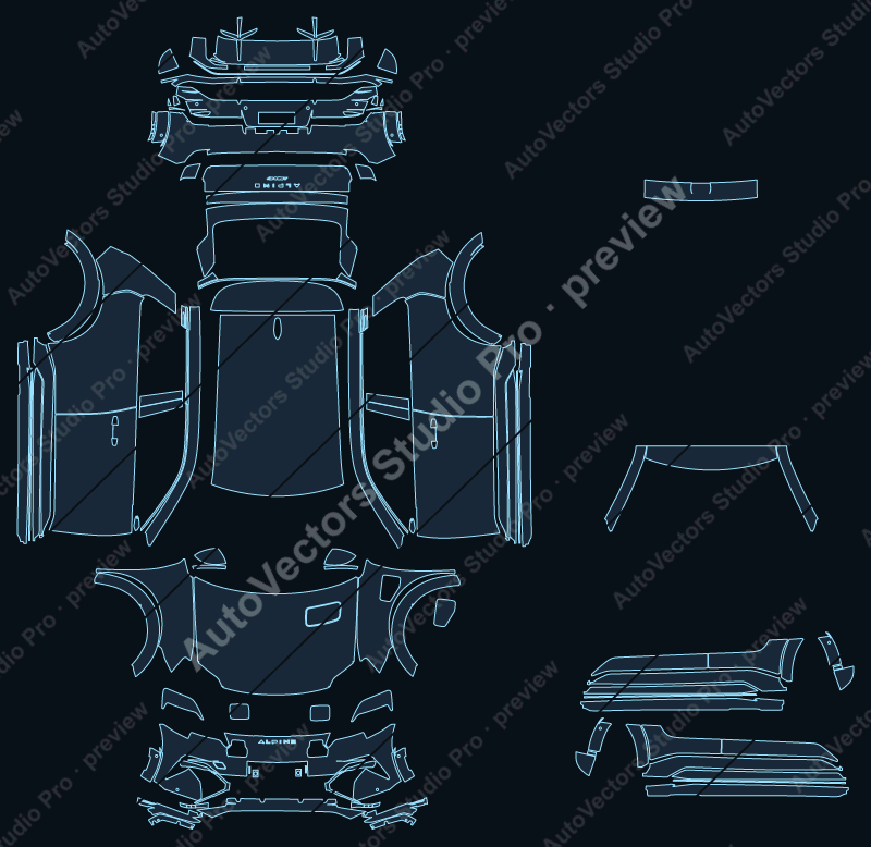 Alpine A290 AmpR Small GT 2025 hatchback precut PPF pattern – watermarked preview from the cutting software