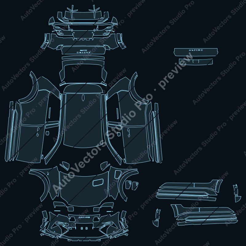 Alpine A290 AmpR Small GTS 2025 hatchback precut PPF pattern – watermarked preview from the cutting software