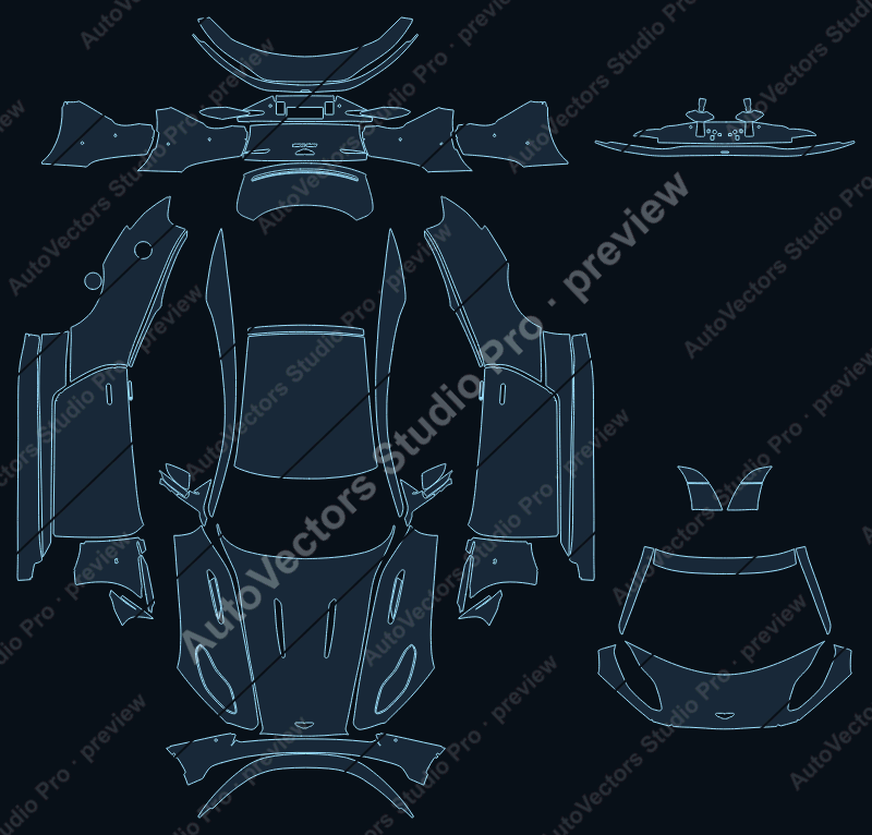 Aston Martin DB11 2017 coupe full kit precut PPF pattern – watermarked preview from the cutting software
