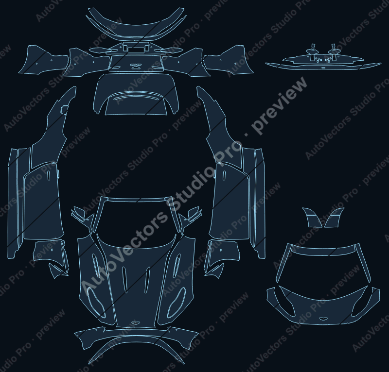 Aston Martin DB11 Volante 2017 convertible full kit precut PPF pattern – watermarked preview from the cutting software