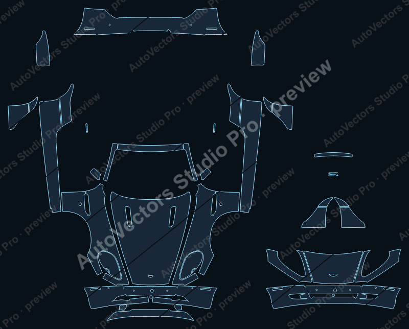 Aston Martin DB9 2004 coupe full kit precut PPF pattern – watermarked preview from the cutting software
