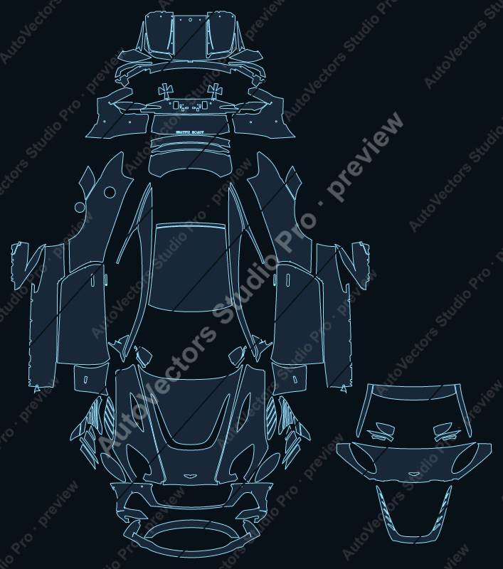 Aston Martin DBS 770 Ultimate 2023 coupe full kit precut PPF pattern – watermarked preview from the cutting software