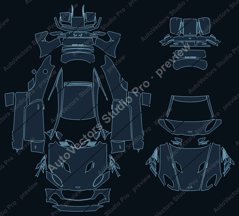 Aston Martin DBS Superleggera Base 2019 coupe full kit precut PPF pattern – watermarked preview from the cutting software