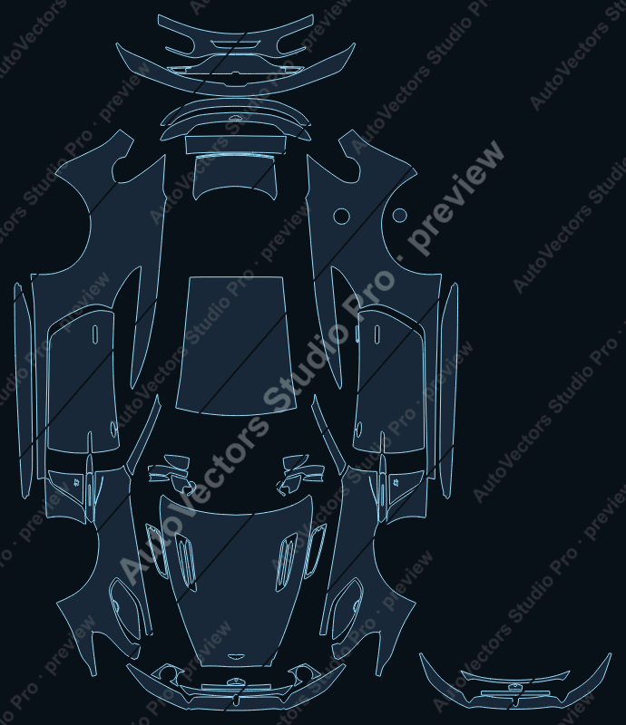 Aston Martin Vanquish Zagato 2017 coupe full kit precut PPF pattern – watermarked preview from the cutting software