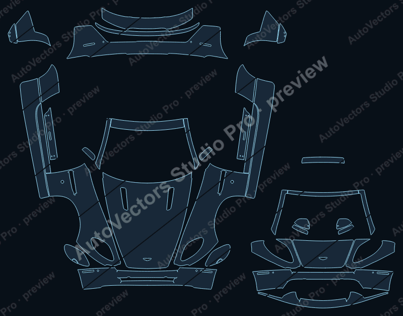 Aston Martin Vantage Base S 2006 roadster full kit precut PPF pattern – watermarked preview from the cutting software