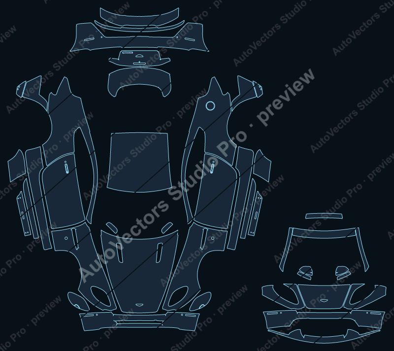 Aston Martin Vantage Base S 2006 coupe full kit precut PPF pattern – watermarked preview from the cutting software