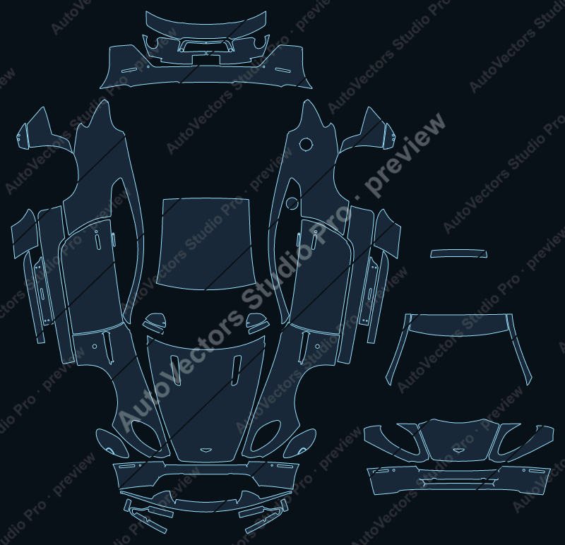 Aston Martin Vantage V8 2016 coupe full kit precut PPF pattern – watermarked preview from the cutting software