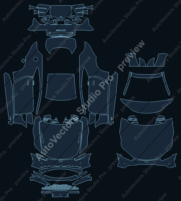 Aston Martin Vantage V8 2019 coupe full kit precut PPF pattern – watermarked preview from the cutting software