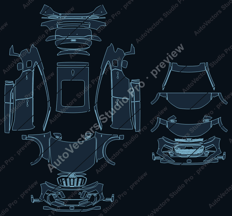 Audi Q6 e-tron Premium 2025 sportback precut PPF pattern – watermarked preview from the cutting software