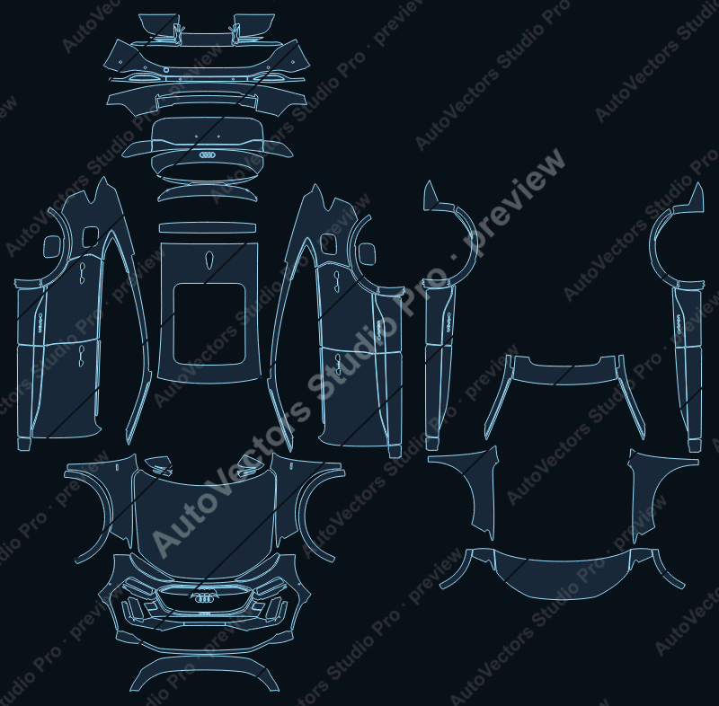 Audi Q6 e-tron S-Line 2025 sportback precut PPF pattern – watermarked preview from the cutting software