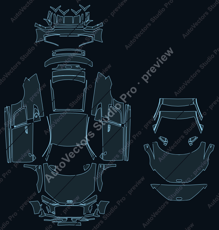 Audi R8 4S Facelift 2019 coupe precut PPF pattern – watermarked preview from the cutting software