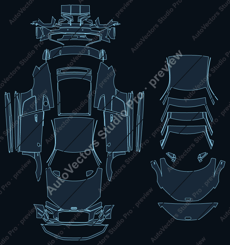 Audi R8 GT 4S Facelift 2023 coupe precut PPF pattern – watermarked preview from the cutting software