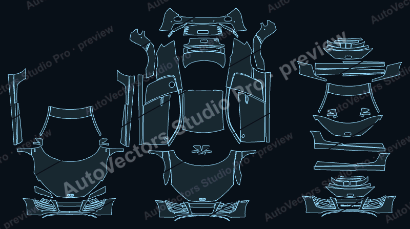Audi R8 V10 2008 coupe precut PPF pattern – watermarked preview from the cutting software