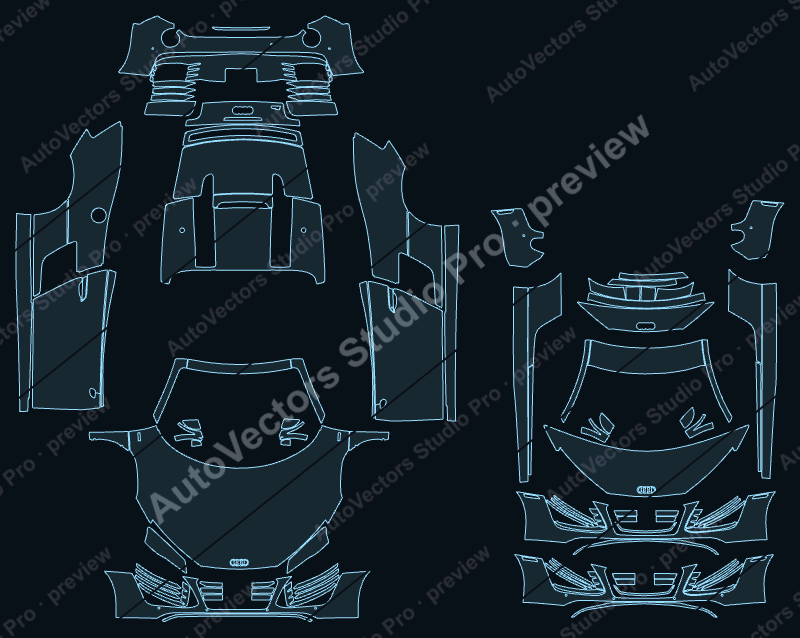 Audi R8 V10 2013 spyder precut PPF pattern – watermarked preview from the cutting software