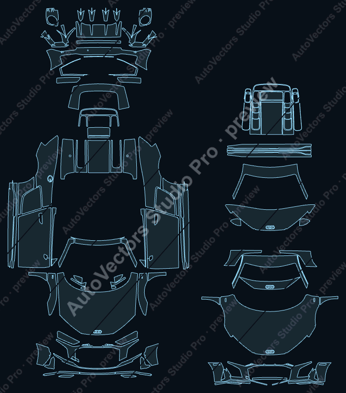 Audi R8 V10 2019 spyder precut PPF pattern – watermarked preview from the cutting software
