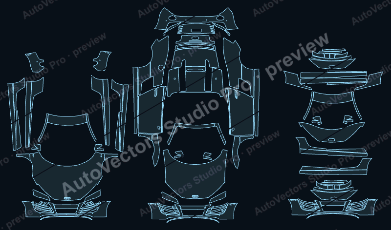 Audi R8 V10 5.2 2010 spyder precut PPF pattern – watermarked preview from the cutting software