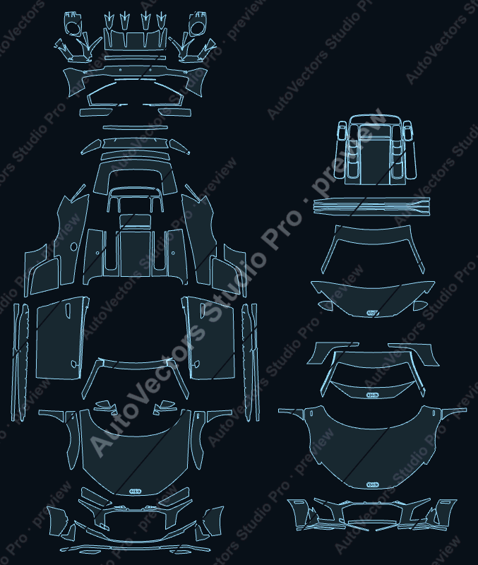 Audi R8 V10 Performance 2019 spyder precut PPF pattern – watermarked preview from the cutting software