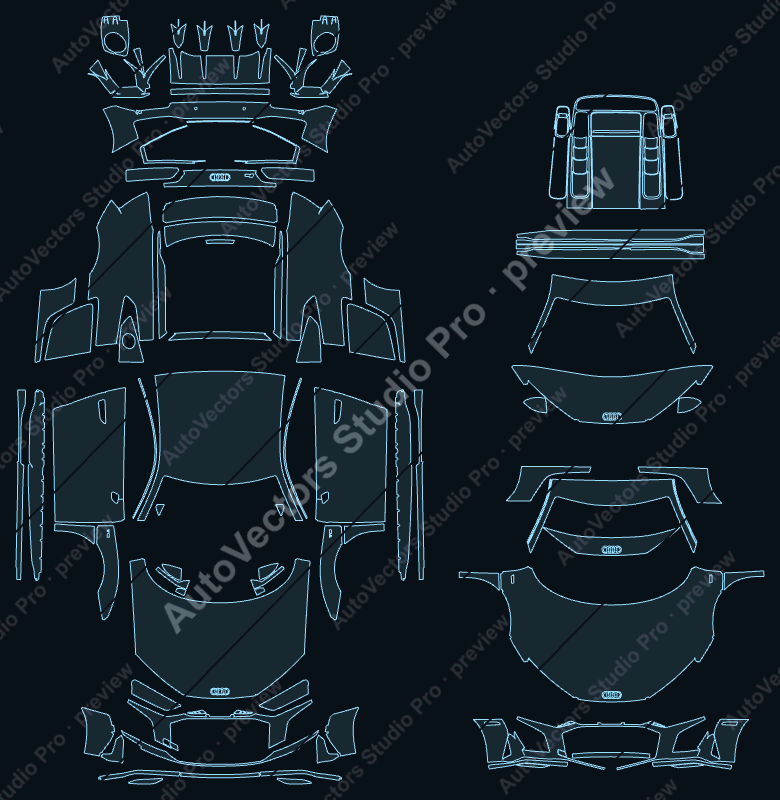 Audi R8 V10 Performance 2019 coupe precut PPF pattern – watermarked preview from the cutting software