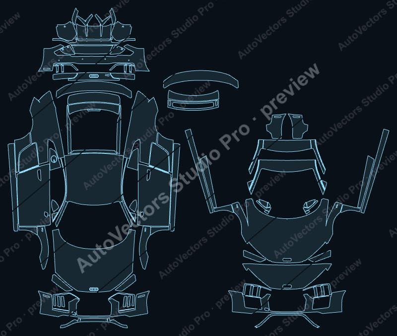 Audi R8 V10 Type 4S 2017 coupe precut PPF pattern – watermarked preview from the cutting software