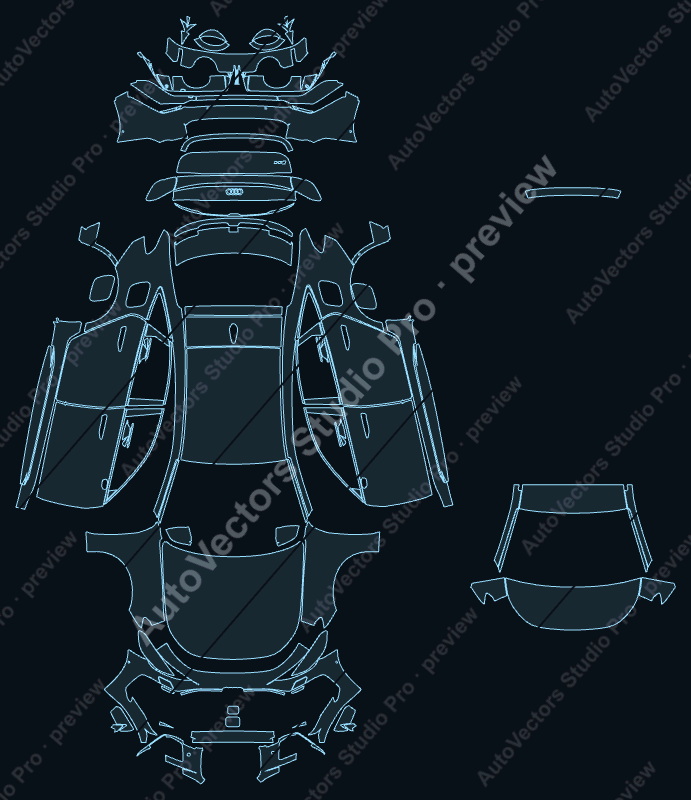 Audi RS 5 B10 2026 sedan precut PPF pattern – watermarked preview from the cutting software