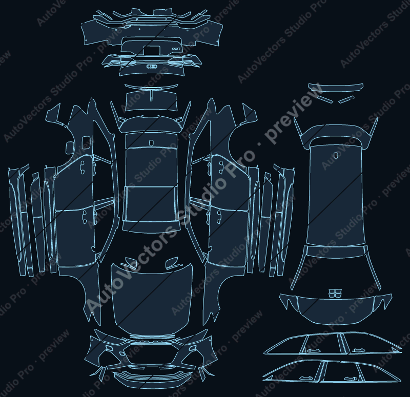 Audi RS 6 C8 LCI 2026 avant precut PPF pattern – watermarked preview from the cutting software