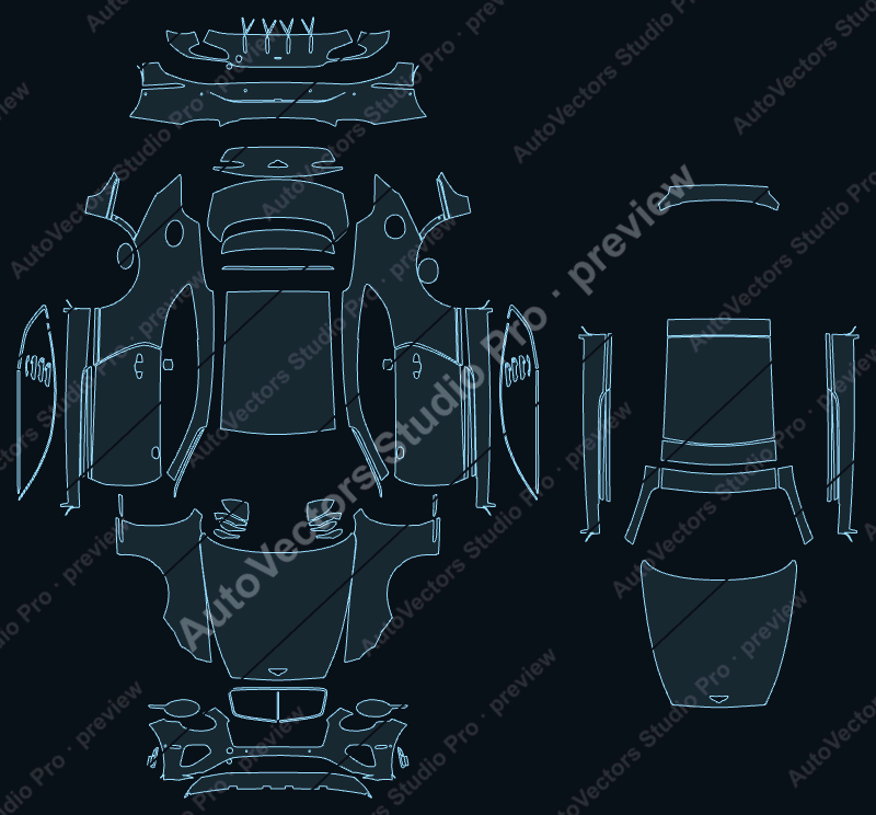 Bentley Continental GT Azure 2025 precut PPF pattern – watermarked preview from the cutting software
