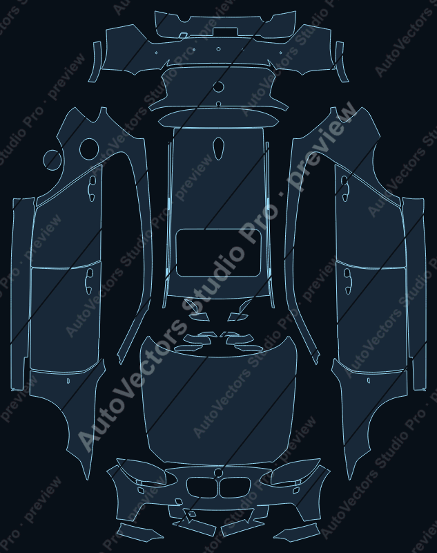 BMW 1 Series 2012 hatchback precut PPF pattern – watermarked preview from the cutting software