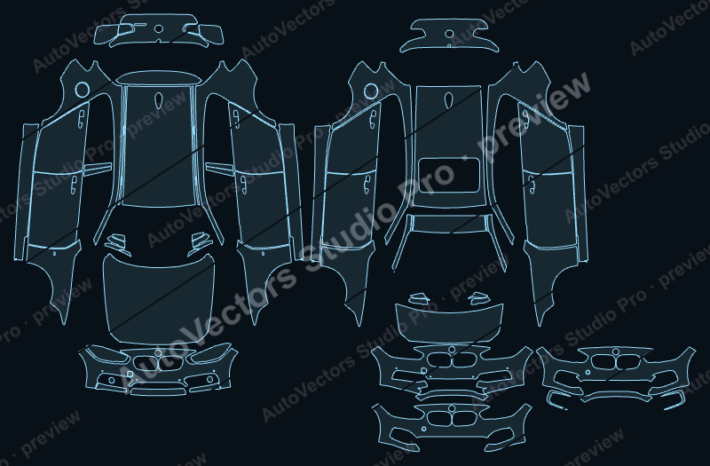 BMW 1 Series F20 Base Sport Line LCI 2015 hatchback precut PPF pattern – watermarked preview from the cutting software
