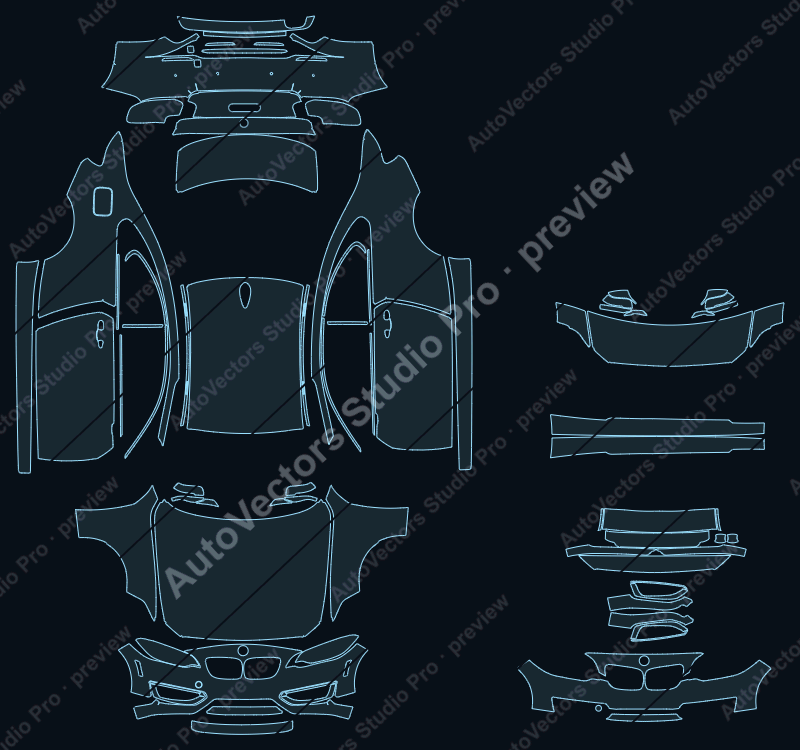 BMW 2 Series Sport-Base 2014 coupe precut PPF pattern – watermarked preview from the cutting software