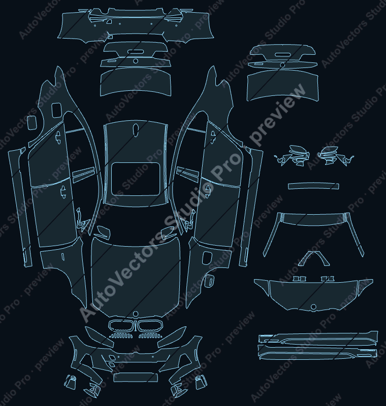 BMW 3 Base 2022 sedan full kit precut PPF pattern – watermarked preview from the cutting software