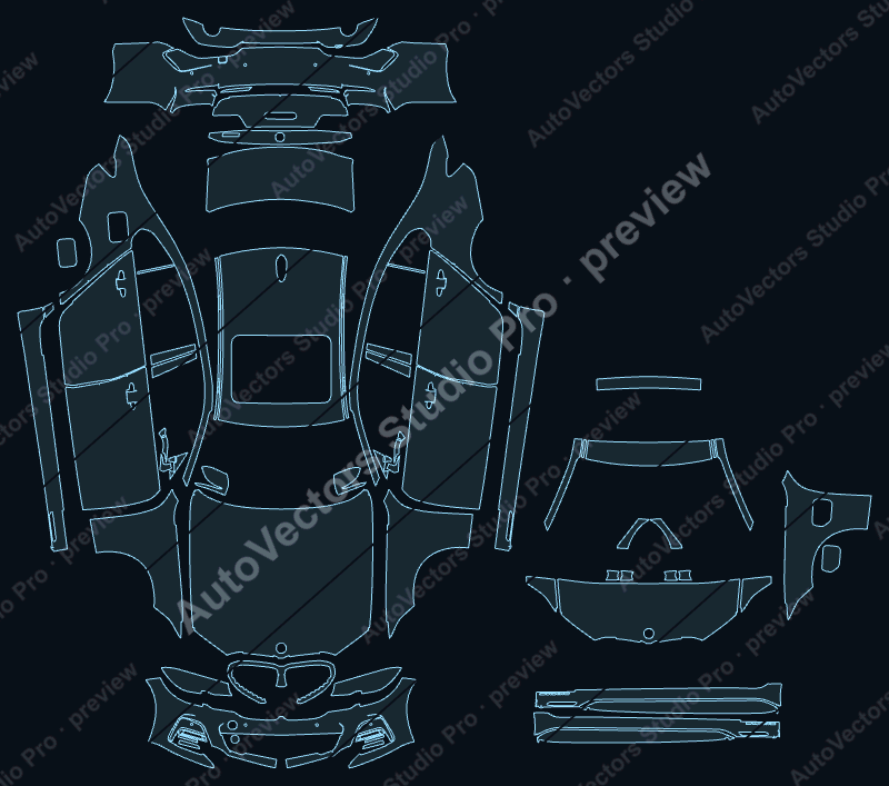 BMW 3 M Sport 2019 sedan full kit precut PPF pattern – watermarked preview from the cutting software