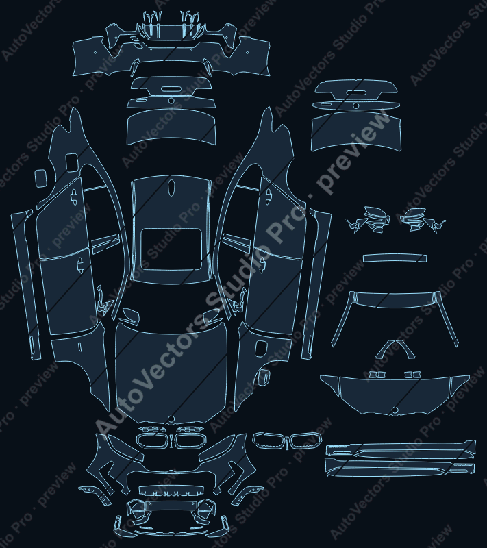 BMW 3 M Sport M340 2022 sedan full kit precut PPF pattern – watermarked preview from the cutting software