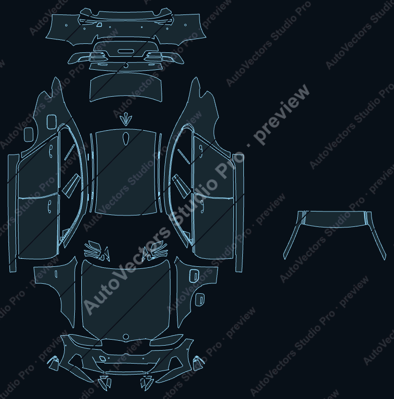 BMW 3 Series 330E 2023 precut PPF pattern – watermarked preview from the cutting software