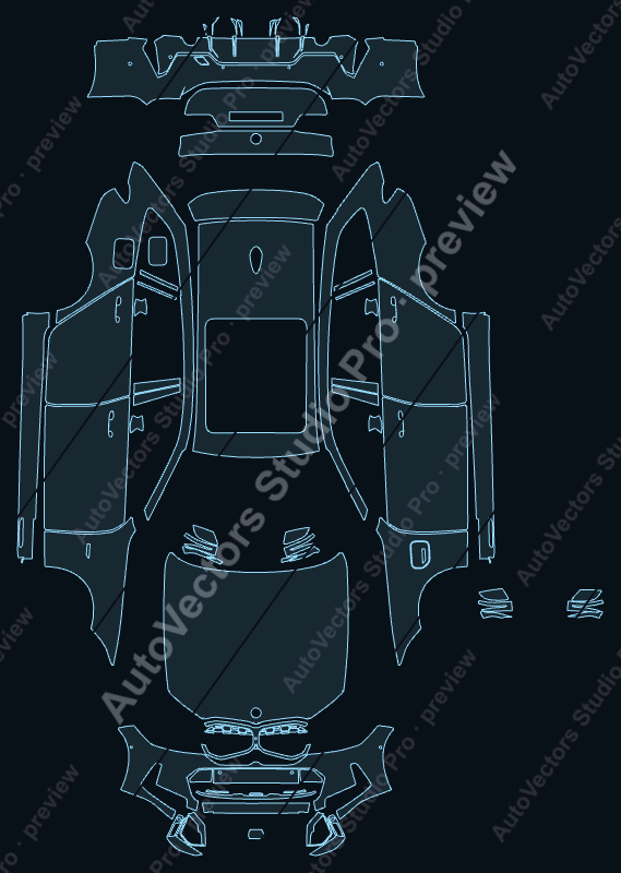 BMW 3 Series 330E M Sport 2023 touring precut PPF pattern – watermarked preview from the cutting software