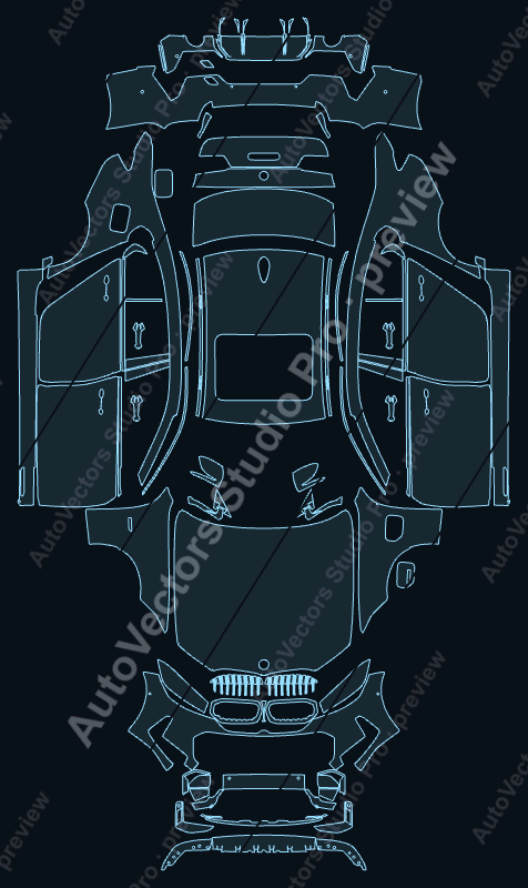 BMW 3 Series 330E M Sport 2023 precut PPF pattern – watermarked preview from the cutting software