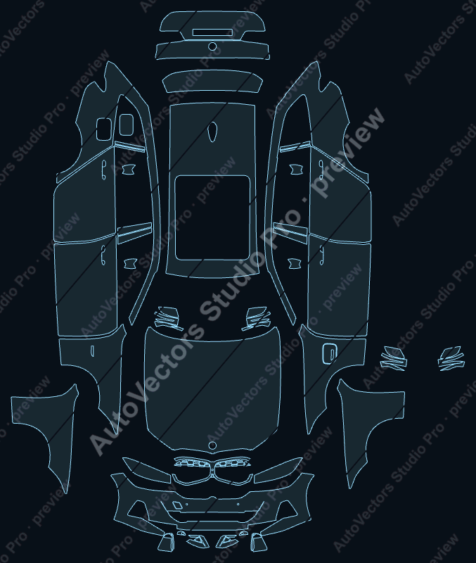 BMW 3 Series 330E Sport 2023 touring precut PPF pattern – watermarked preview from the cutting software
