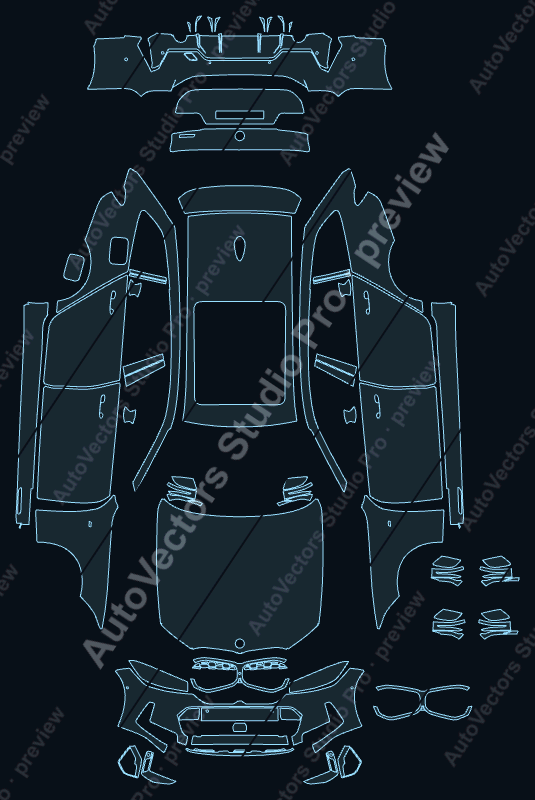 BMW 3 Series M Sport 2023 touring precut PPF pattern – watermarked preview from the cutting software