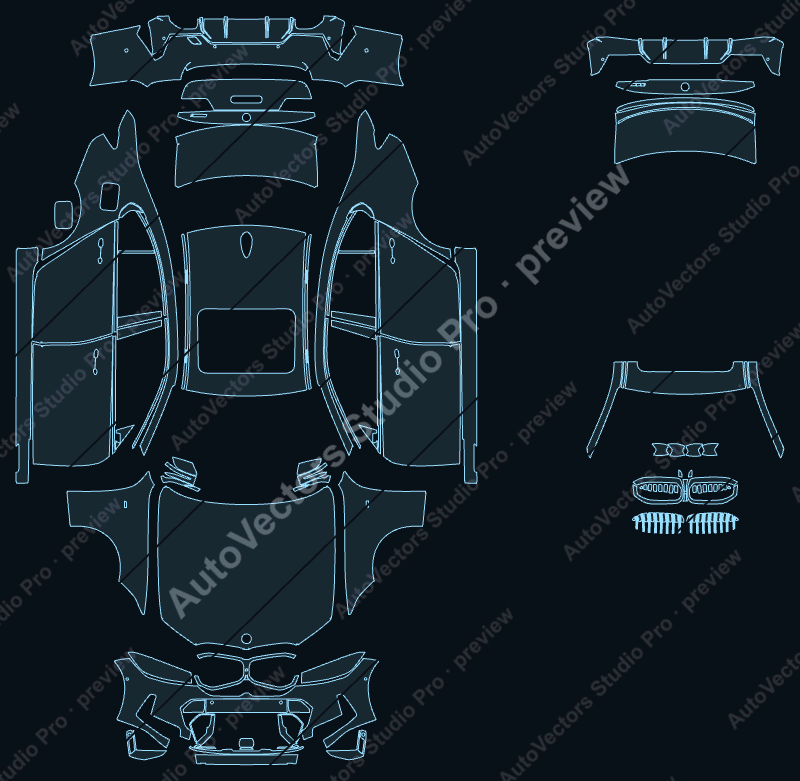 BMW 3 Series M Sport 2023 sedan precut PPF pattern – watermarked preview from the cutting software