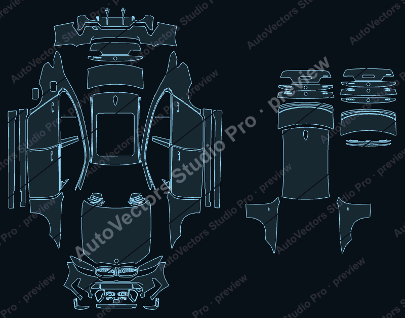 BMW 3 Series M Sports Li 2025 sedan precut PPF pattern – watermarked preview from the cutting software