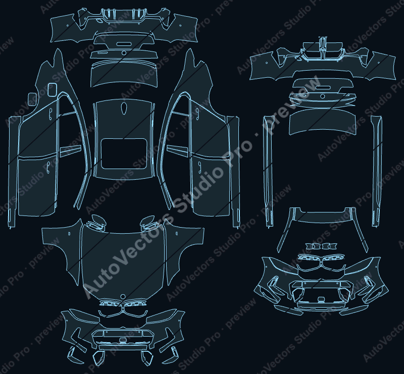 BMW 3 Series M340 2023 saloon precut PPF pattern – watermarked preview from the cutting software