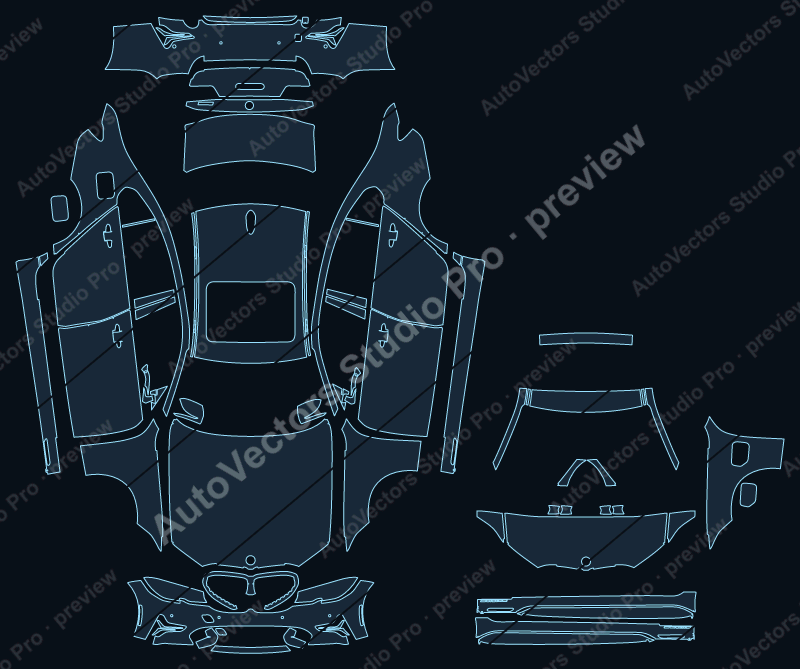 BMW 3 Sport Line 2019 sedan full kit precut PPF pattern – watermarked preview from the cutting software