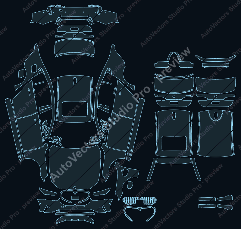 BMW 5 Series Base G60 2024 sedan precut PPF pattern – watermarked preview from the cutting software
