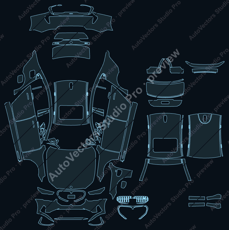 BMW 5 Series Base G60 CH 2024 sedan precut PPF pattern – watermarked preview from the cutting software