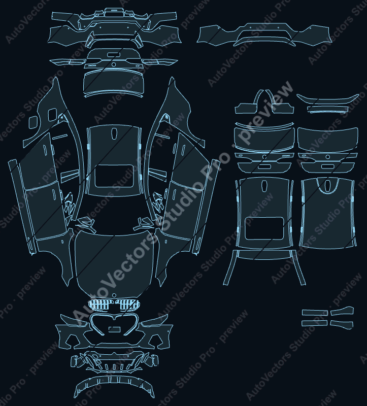 BMW 5 Series M Sport G60 2024 sedan precut PPF pattern – watermarked preview from the cutting software