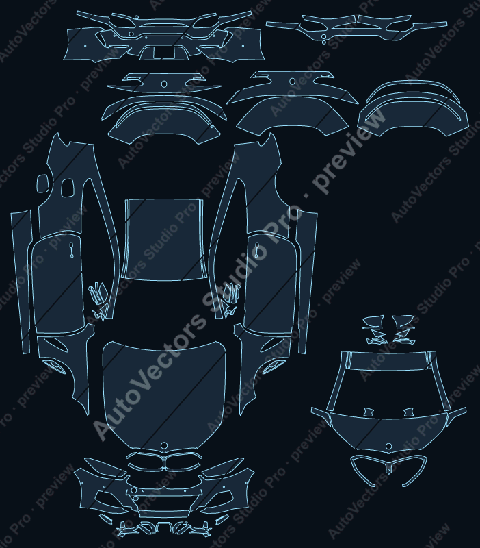 BMW 8 Series M850i M Sport 2018 coupe full kit precut PPF pattern – watermarked preview from the cutting software