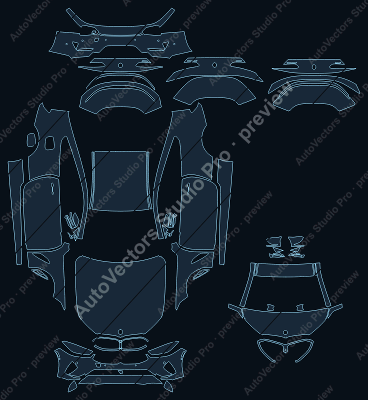 BMW 8 Series Sport Line 2020 coupe full kit precut PPF pattern – watermarked preview from the cutting software