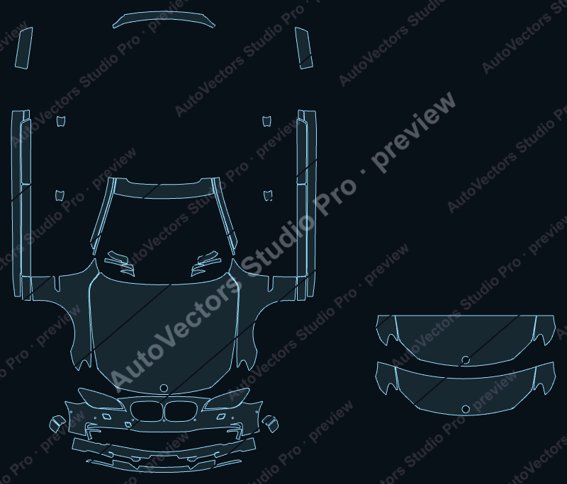 BMW Alpina B7 Base 2013 front kit precut PPF pattern – watermarked preview from the cutting software